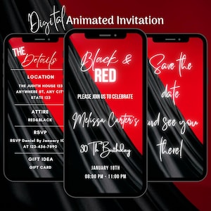 Digital Black and Red Themed Birthday Party Invitation, Editable Red & Black Party Animated Invite, Red Party Video Invitation Template