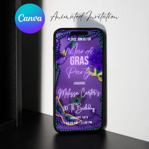 May include: Purple animated phone screen invitation for a Mardi Gras party honoring Melissa Carter's 30th birthday. The invitation features green, gold, and purple beads, masks, and feathers. The party is on January 18th from 8:00 PM to 11:00 PM.