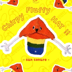 May include: A whimsical, fluffy orange hat with a colorful striped base, featuring long white arms and feet. The hat has a cartoonish face and the text "Chirpy Hat!!" on a yellow background. The brand name "BIRBEST" is also visible.