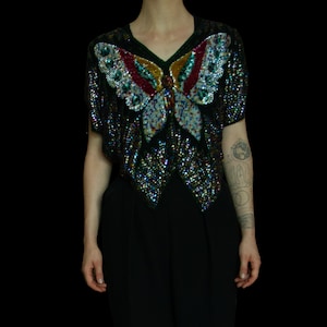 Rainbow Sequined Butterfly Top Vintage 1970s