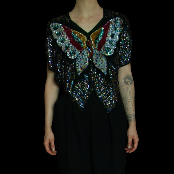1970s Silver Sequin Butterfly Cape or Top