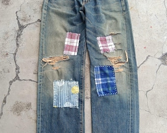Heavy Distressed Edwin 505x selvedge patchwork denim made in Japan size 28.