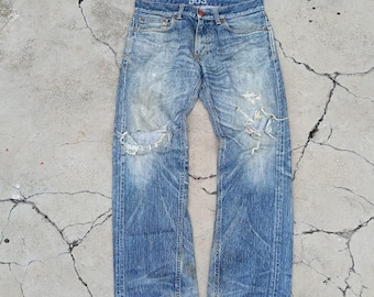Vintage Edwin blå trip smutsig och kraftig sliten denim. Storlek 33
