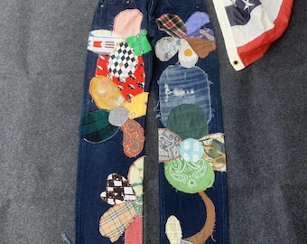 KAPITAL hippie Remake Patchwork Denim Jeans - Multi-Pattern Flower Design