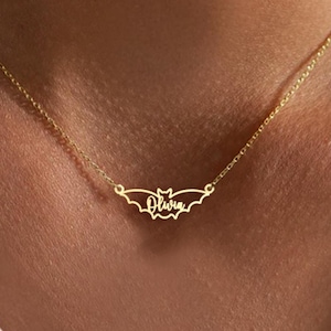 Personalized Bat Necklace - Halloween Jewelry - Gothic Custom Name Pendant - Spooky Gift for Her - Sterling Silver or Gold Bat Charm