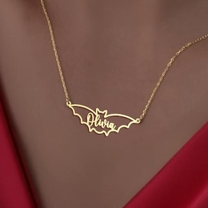 Custom Name Bat Pendant - Gothic Bat Necklace for Halloween - Personalized Silver or Gold Jewelry for Women