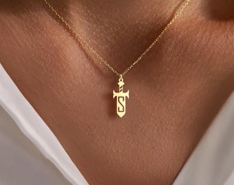 Custom Sword Initial Necklace - Personalized Letter Pendant - Unique Warrior Sword Jewelry Gift - Silver Initial Sword Necklace