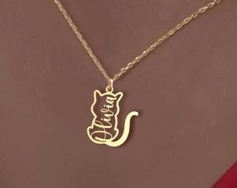 Custom Cat Name Necklace - Personalized Cat Pendant - Unique Gift for Cat Lovers - Silver Cat Charm Jewelry