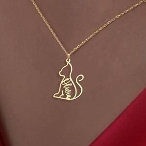 Side Profile Cat Name Necklace - Custom Minimalist Cat Pendant - 925 Sterling Silver or 18k Gold Plated Cat Charm Jewelry Gift