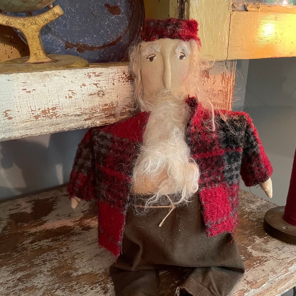 Primitive Santa in Red Wool Jacket, Santa Ornie, Father Christmas, Holiday Decor, Santa Doll, Country, Prim Decor, Sitting Santa, Farmhouse