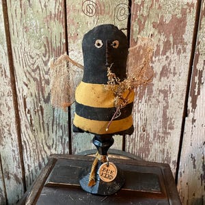 Primitive Grungy Painted Fabric Bumble Bee Make-do on Glass Candlestick, Handmade Bee Ornie, Prim decor, Country, Farmhouse, Rustic, Spring