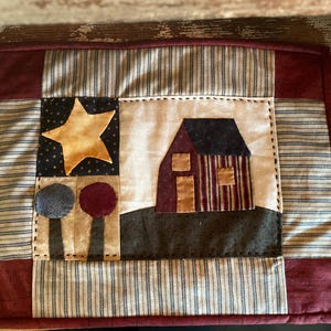 Scrappy Appliqued Quilted Tablemat, Patchwork Table Topper, Primitive Candle Mat, Little Country Quilt, Wallhanging, Homespun Handmade Quilt