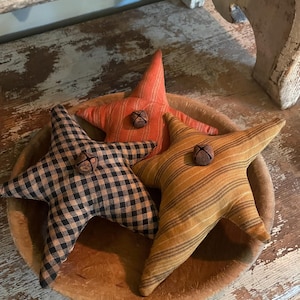 Set of 3 Handmade Fabric Autumn Star Ornies with Bells, Primitive Grungy Star Bowl Fillers, Fall, Halloween, Prim Decor