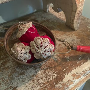 Set of 3 Handmade Red Velvet Strawberries in Vintage Hanging Sieve, Fabric Berry Bowlfillers, Summer, Prim Decor, Country