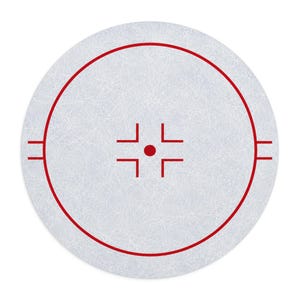 May include: A round, white rug with a hockey rink design. The rug features a red circle, a center dot, and a crosshair design in the center. The surface has a textured ice-like appearance.