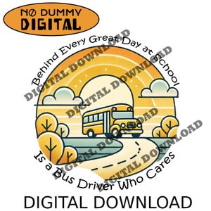 Puede incluir: Un autobús escolar amarillo conduce por un camino con un arcoíris en el fondo. El texto "Behind Every Great Day at School Is a Bus Driver Who Cares" está escrito alrededor del autobús y el arcoíris.