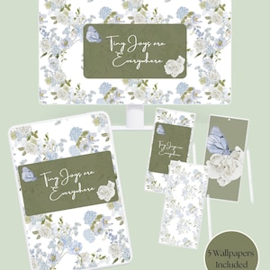 May include: A digital wallpaper bundle featuring blue and white floral patterns with butterflies on a white background. The designs include a dark olive green rectangular text box with the white script text "Tiny Joys are Everywhere".