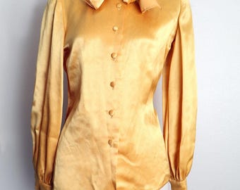 40's style Gold Satin Blouse Pussycat bow collar Vintage 1970's, Art Deco 1940's yellow