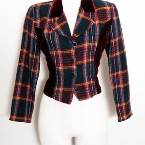 80's Red Plaid & Velvet Fitted Blazer Jacket, Vintage 1980's