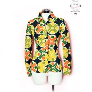 60&#39;s Vintage Shirt , New Old Stock Blouse Hippie Boho Fitted Shirt 1970&#39;s, 1960&#39;s Mod Psychedelic Button Down Top Yellow Disco Ossie Clark