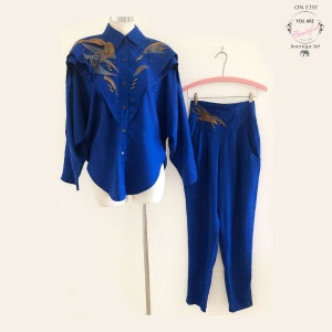 80's Neiman Marcus SET, Pants & Jacket Shirt, Leather, Studs, Vintage 1980's Matching Suit, Blue Cotton Designer NEW WAVE style