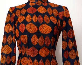 Vintage Cheongsam qipao Dress, Leaf Print, Autumn Colors  1960's, 1970'sTraditional Asian Chinese