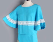1960 39 s Vintage Skirt Suit Womens Blue, Flared Bell Sleeves, MOD Style, Audrey Hepburn, Matching Dress, Small, Mint Cond.