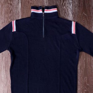 Suéter azul marino de los años 70 con cremallera de 1/4, jersey après-ski, manga larga acanalada, estilo vintage, talla MEDIANA.