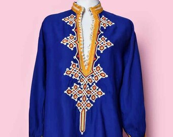 Blue Embroidered Kurta Tunic Top, Short DRESS, Vintage 1970's Hippie Moroccan Boho Embroidered 1960's kurti