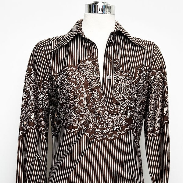 1970's Brown Blouse Vintage Pullover Hippie Mid Century Stripes Boho Disco Top Shirt 1960's