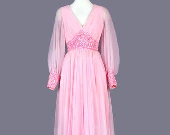 1960's Pink Sheer Chiffon Long Vintage Evening Dress Gown, Medium, Sequined Sequins, bohemian, Rich Hippie Style 1970's, SIZE: Medium