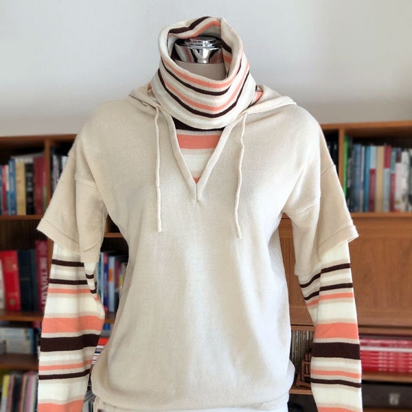 1970s HOODIE Sweater Layered Turtleneck, RARE, Hippie Boho 70's Vintage Pullover Knit Long Sleeves Stripes