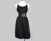 60 39 s Black Silk Chiffon Vintage Evening Dress - Audrey Hepburn Style Little Black Dress, Sequins, Medium Party Dress, Holiday Gown