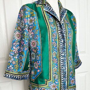 1960s Pucci style Silk Scarf Blouse, MOD Vintage Button Down Tunic Shirt Oxford Green Blue