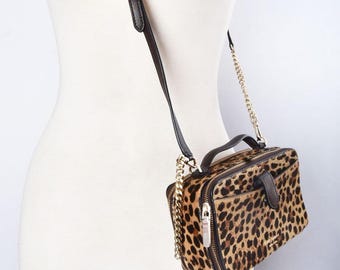 KATE SPADE Leopard Print Pony Fur Box Bag Purse, Brown Leather Vintage Crossbody Cross body Y2K Designer Shoulder Bag Purse