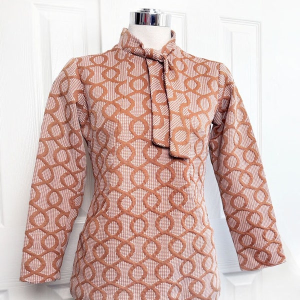 MOD style Polyester Pussycat Bow Blouse Tunic Beige Tan 1960's  1970's Vintage Top Shirt Long Sleeves Hippie Boho