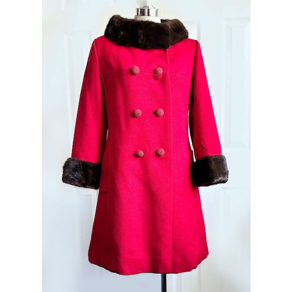 Vintage 1960's Red Real MINK FUR Trim Mod, Princess, Over Coat , Mint, 60's, Overcoat, Jackie O Style, Winter Coat Jacket Double Breasted