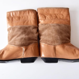 1980&#39;s Suede & Leather Flat Boots Vintage, Light Brown Tan Ankle Boots Spain, size 7 1/2, 7.5