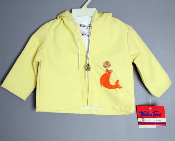 vtg Childs Rain Jacket, Yellow Embroidered Seal, … - image 1