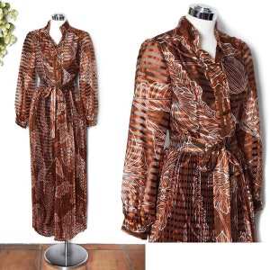 Oscar de la Renta Boutique Designer Vintage Gown, Long Dress, 1970s Brown Silk Chiffon  Blouse 1960's Formal Evening Dress, Medium