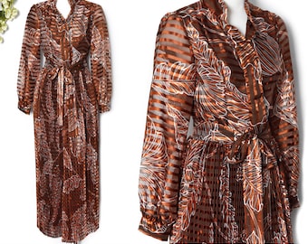 Oscar de la Renta Boutique Designer Vintage Gown, Long Dress, 1970s Brown Silk Chiffon  Blouse 1960's Formal Evening Dress, Medium
