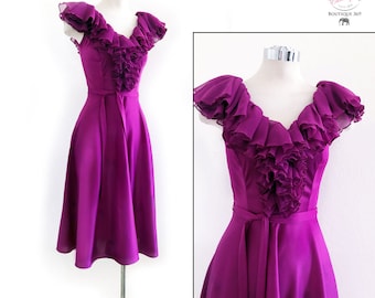 70's Fuchsia Disco Dress, Vintage 1970's Evening Party Dress Pink Purple Chiffon Ruffles LIKE NEW Sexy Boho Hippie Dancing Full Skirt, Small