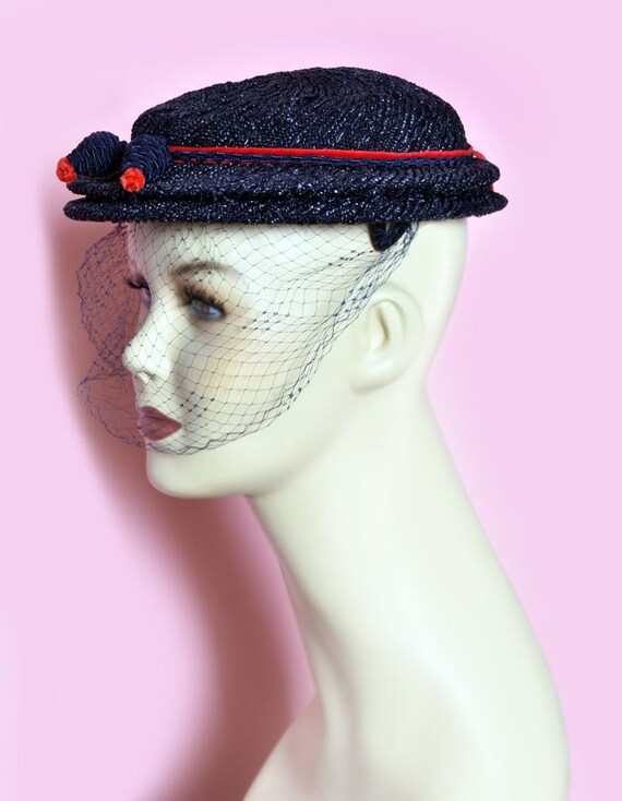 50's Blue & Red Vintage Ladies Hat with Veil, 195… - image 1