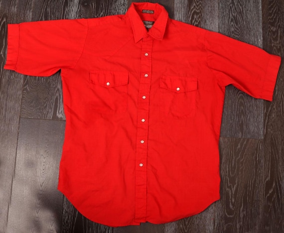 OUTLAW Western Wear Pearl Snaps Red Shirt, Vintage Men's Short Sleeve Button Down LARGE Cowboy