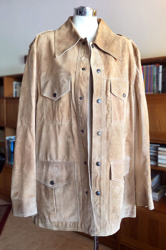 70's Vintage Mens Tan SUEDE Leather Jacket Shirt,… - image 8