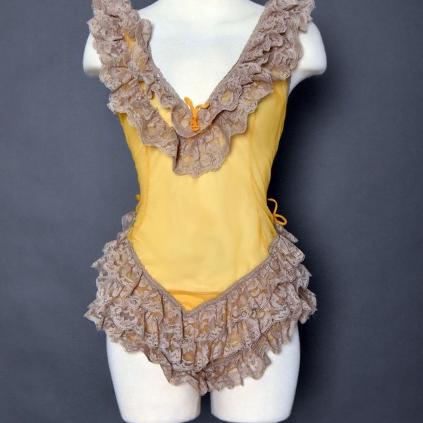 Vintage GLYDON'S Lingerie Panties & Top Matching Set, Lace Yellow Gold Can Can Style Babydoll Negligie Nightie Blouse, 70's, 60's, 50's, Top