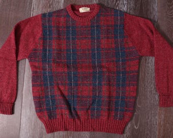 L.L. BEAN 100% Shetland Wool made in IRELAND Men's XL Sweater Pullover Tartan Plaid Red & Blue