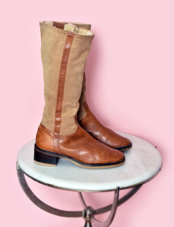 Vintage Brown Leather Boots 1960's, 1970's Beige S
