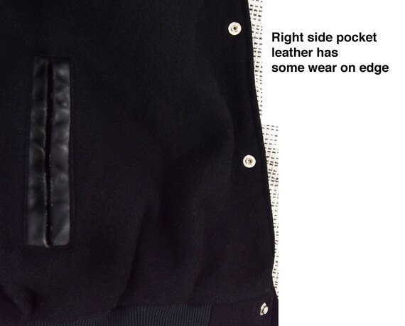 80's XL Black Leather & Wool Bomber Varsity Jacket Vintage Coat