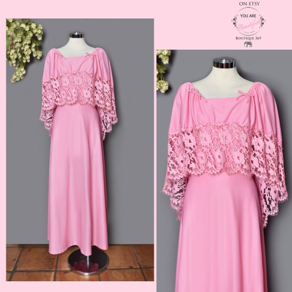 70's Long Pink Maxi Dress, Lace Cape style Boho H… - image 1